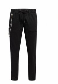 Pantalones negros ajustados de mezcla de algodón, con cintura elástica, cordón y bolsillos laterales. Incluye una cadena desmontable.