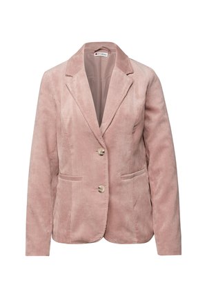 Blazer di velluto a coste rosa con rever a punta, chiusura con un solo bottone, due tasche frontali e foderatura interna liscia.