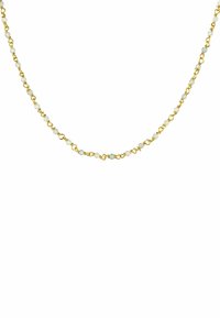 Collar de cadena de oro que presenta pequeñas cuentas redondas y eslabones ovalados, con segmentos alternos de piedras claras y azul claro.