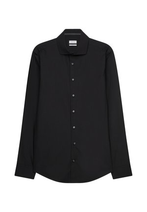 Black long-sleeve shirt made of smooth fabric, featuring a classic collar, button front, and rounded hem. Subtle accents on collar seam.