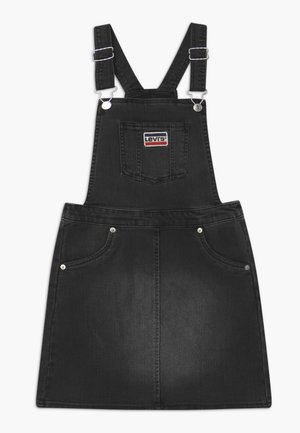 Zwarte denim tuinbroekrok met verstelbare schouderbanden, voorvak op de borst met Levi's-logo, en twee zijzakken.