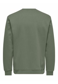 Sweatshirt vert, à longues manches, col rond, avec des poignets et un ourlet côtelés, fabriqué à partir d'un tissu en mélange de coton lisse, présentant un design uni.