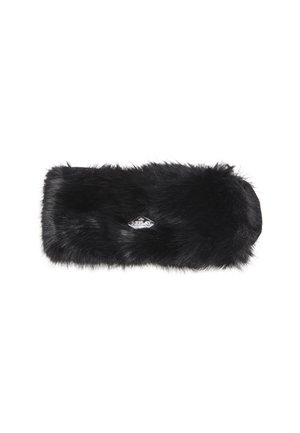Bandeau rectangulaire en fausse fourrure noire avec une petite plaque logo argentée au centre portant l'inscription "Replay" sur fond blanc.