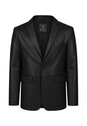 Blazer nero in pelle con bottone singolo, rever a tacca, taschino sul petto, due tasche frontali con pattina e etichetta Felix Hardy all'interno del colletto.
