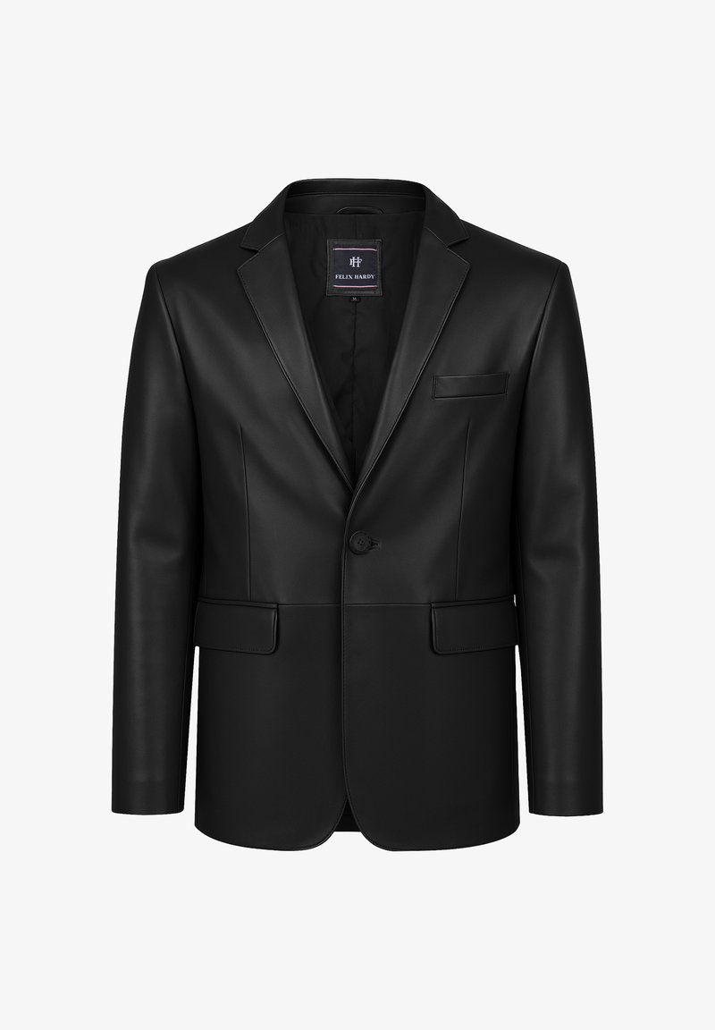 Zwarte leren blazer met één knoop, ingetogen revers, borstzak, twee klepzakken aan de voorkant en een Felix Hardy-label aan de binnenkant van de kraag.