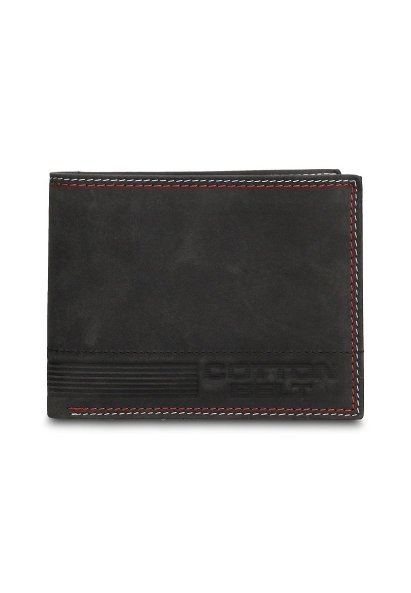 Portafoglio in pelle nera con cuciture rosse, caratterizzato da una superficie testurizzata e un logo in rilievo. Design pieghevole, forma rettangolare e dettagli minimalisti.
