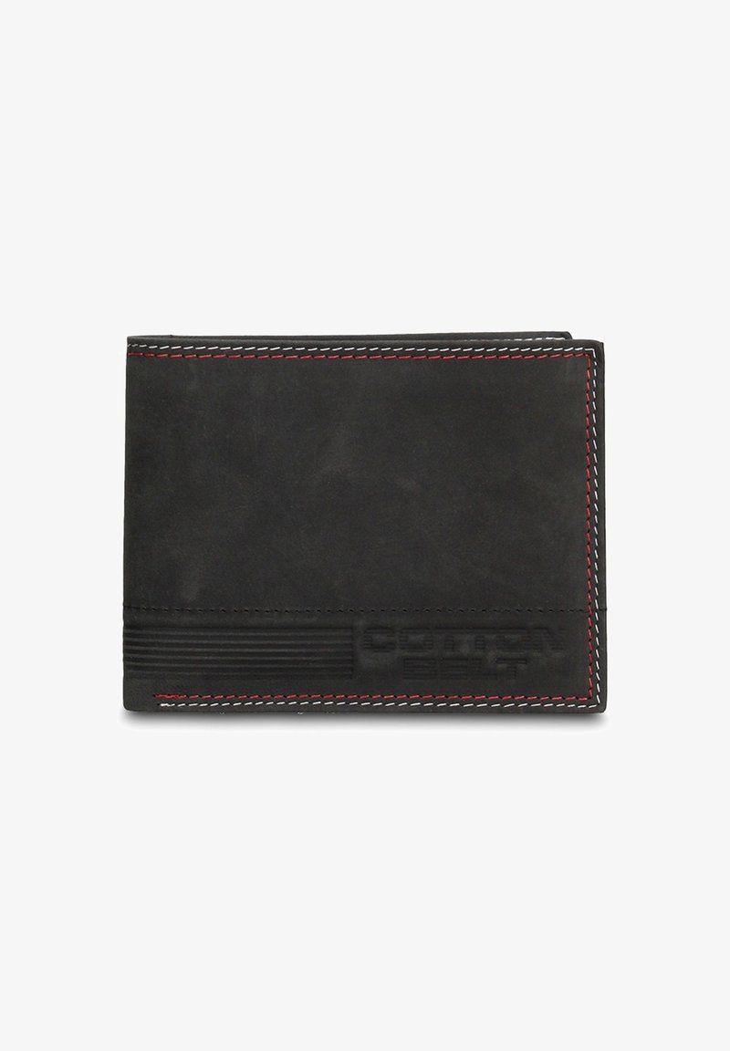 Portafoglio in pelle nera con cuciture rosse, caratterizzato da una superficie testurizzata e un logo in rilievo. Design pieghevole, forma rettangolare e dettagli minimalisti.
