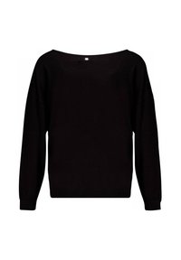 Pull en tricot noir avec un col large, des épaules tombantes et des manches longues. Présente des poignets et un ourlet côtelés. Design simple et épuré.