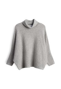 Grau melierter Wollmischung-Poncho mit hohem, geripptem Kragen, langen Ärmeln und einem lässigen, asymmetrischen Saum. Sanfte, strukturierte Oberfläche.