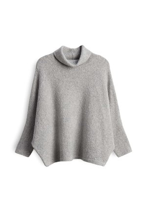 Grijze wollen mix poncho-sweater met een hoge, geribbelde col, lange mouwen en een ontspannen, asymmetrische zoom. Zachte, gestructureerde afwerking.