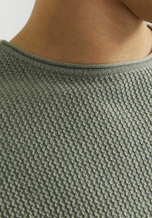 Groene gebreide trui met een textuurpatroon, geribbelde ronde hals en een gladde afwerking, met de nadruk op het ingewikkelde ontwerp van de stof.
