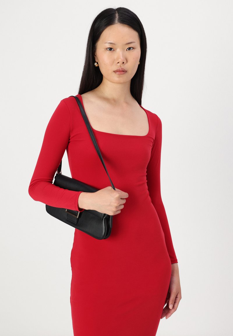 slim fit dress slacks Square Neck Ruffle Trim Slit Fitted Dress Curve & Plus in Dark Red-  Littlebox India