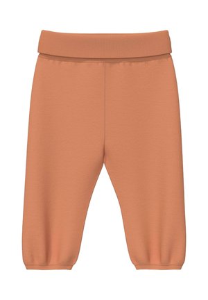 Miękkie spodnie dla maluchów w kolorze terakoty z elastycznym pasem i mankietami, wykonane z gładkiego, elastycznego materiału dla komfortu.