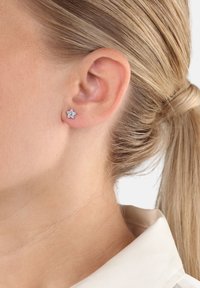 Silverfärgad stjärnformad studörhänge med multifacetterade klara ädelstenar, fästa på en liten metalldel. Bar på örat mot ljus hud.