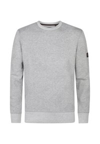 Grijze ronde hals sweatshirt met een gestructureerd ruitpatroon. Lange mouwen met geribde manchetten en onderkant. Gemaakt van zachte, middelzware stof.