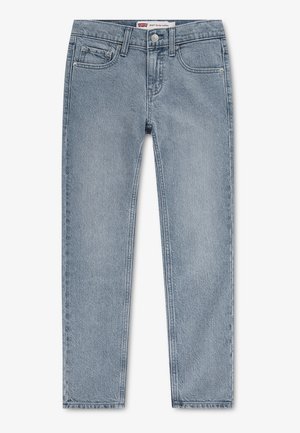 Jean slim fit en denim bleu clair avec poches avant, fermeture par bouton et étiquette Levi’s à la taille sur fond blanc.