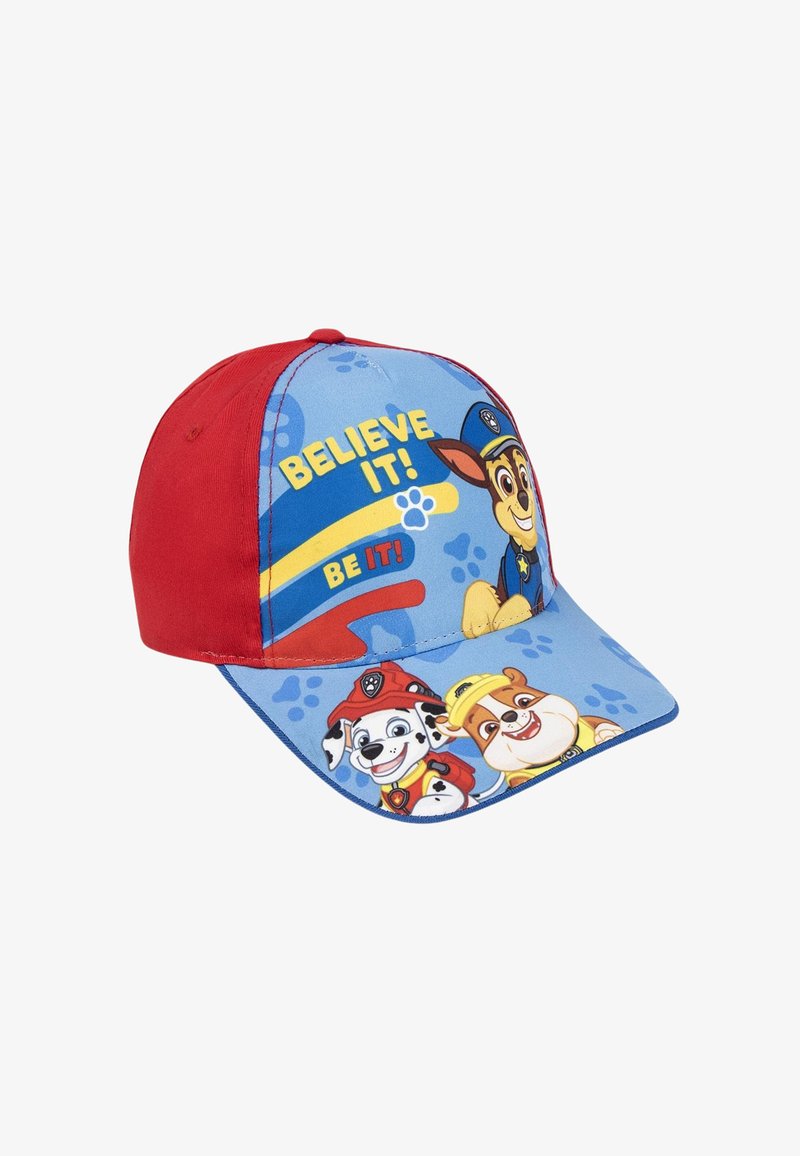 Red and blue cap featuring cartoon dog characters. Blue crown with "BELIEVE IT! BE IT!" text and dog paw prints. Curved bill.