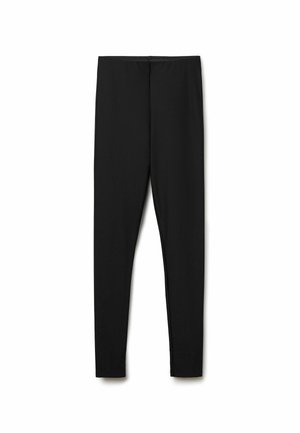 Schwarze Leggings aus dehnbarem Stoff, mit figurbetontem Schnitt und elastischem Bund. Glatte Textur, voller Länge ohne Muster.