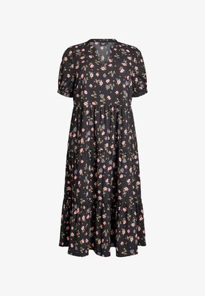 Schwarzes Midikleid mit kurzen Puffärmeln, V-Ausschnitt und gestuftem Rock mit kleinem pink-blauem Blumenmuster.