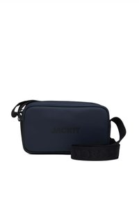 Borsa rettangolare blu navy realizzata in materiale morbido, con chiusura a zip, tracolla nera regolabile e logo del marchio in rilievo.