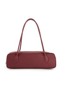 Burgundy leather handbag with a rectangular shape, two top handles, and a gold zipper. Features a smooth texture with diamond accents.