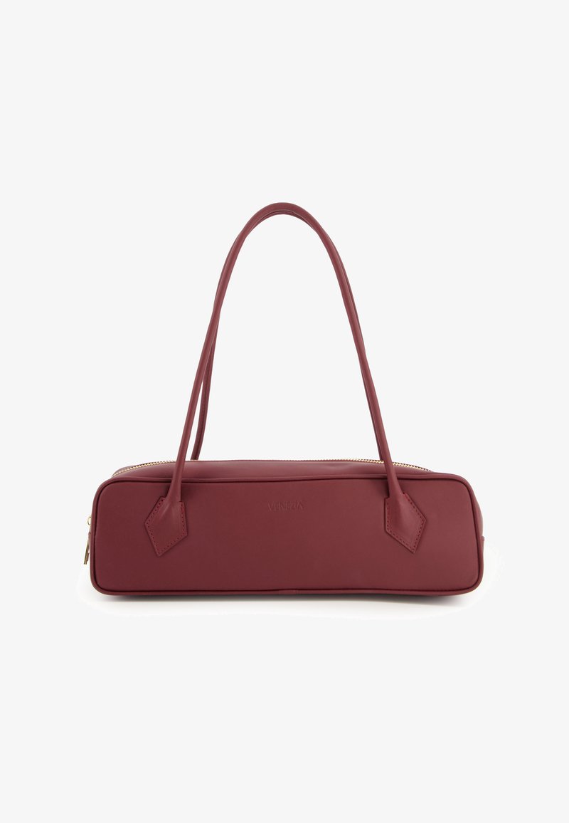 Burgundy leather handbag with a rectangular shape, two top handles, and a gold zipper. Features a smooth texture with diamond accents.