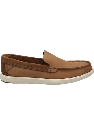 Tan leather slip-on shoe with a rounded toe, stitched accents, and a textured back. White rubber outsole with grip detail.