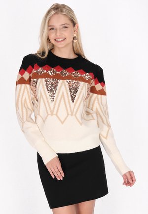 Gebreid sweater in crème met gedurfde geometrische patronen in zwart, rood en bruin, voorzien van paillettenaccenten op de borst en geribde manchetten.