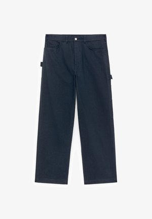 Dark blue cargo pants made of cotton, featuring a straight leg design, side pockets, and a button closure at the waistband.