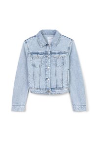 Giacca di jeans azzurro chiaro con colletto classico, chiusura con bottoni, tasche sul petto e design corto. Presenta leggeri sbiadimenti e dettagli di cucitura.