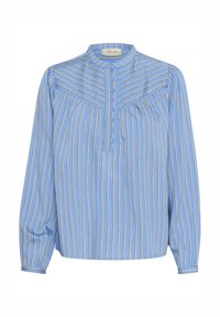 Blusa azzurra chiara con righe verticali in oro e bianco. Presenta una fila di bottoni, colletto rialzato e maniche arricciate per un fit rilassato.