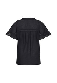 Blouse noire à manches courtes avec manches à volants, bordure en dentelle sur le haut du dos et tissu froncé sous le yoke.