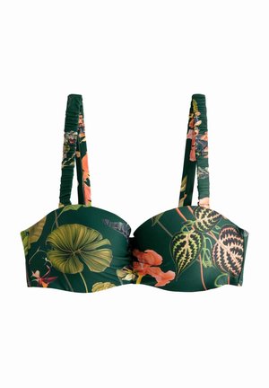 Grüner Blumen-Bikini-Oberteil mit gepolsterten Cups, verstellbaren Trägern und einer Mischung aus tropischen Blatt- und Blütenmustern in lebhaften Farben.