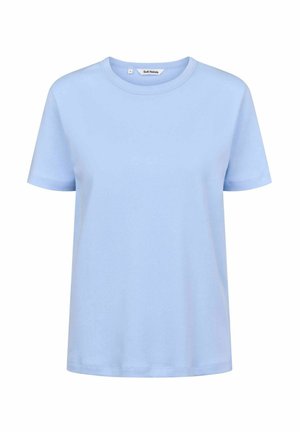 Lyseblå kortærmet T-shirt lavet af blødt stof. Klassisk rund hals design med en afslappet pasform og syede kantdetaljer.