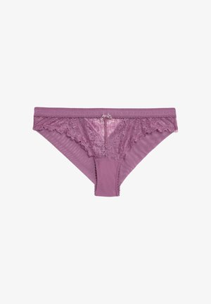 Thong en dentelle et mesh violet avec une ceinture en dentelle à bord festonné, un petit nœud sur le devant et un tissu lisse et extensible.