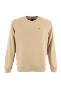 Felpa beige con girocollo realizzata in morbido materiale, con polsini e orlo a costine, presente un piccolo logo colorato sul lato sinistro del petto.