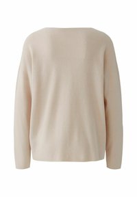 Hellbeige, gerippter Strickpullover mit lockerer Passform, langen Ärmeln und rundem Ausschnitt. Die Rückansicht zeigt die Schlichtheit im Design.