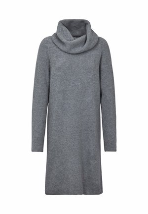 Abito maglione grigio a collo alto, con maniche lunghe e vestibilità comoda. Presenta una texture a coste e arriva sopra il ginocchio.