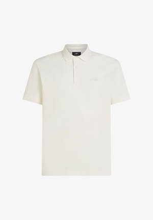 Wit poloshirt van gestructureerde stof, met een kraag, drie knopen en een klein logo op de linkerborst. Korte mouwen.