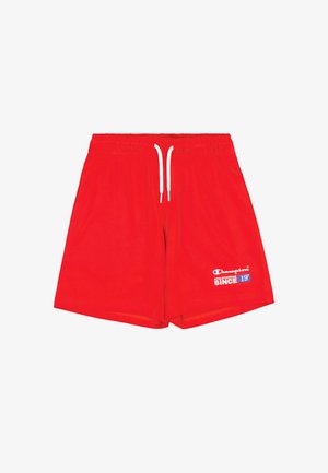 Pantaloni corti sportivi rossi realizzati in tessuto morbido, con vita elasticizzata, coulisse e logo Champion bianco con dettaglio della data.