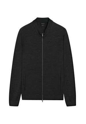 Dark gray zip-up cardigan with a band collar, long sleeves, and side pockets. Made from soft material with a smooth texture.