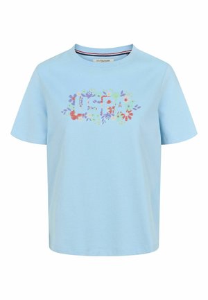 lys blå bomulls t-skjorte med rund hals, korte ermer og et blomsterdesign med teksten "U.S. PA" i pastellfarger foran.