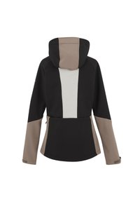 Veste à capuche avec panneaux de couleur noire, beige et grise, manches longues et poignets réglables, vue de dos.