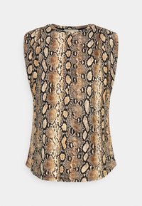 Top senza maniche con motivo in pelle di serpente nelle tonalità di marrone e oro, dalla texture liscia e con scollatura rotonda.