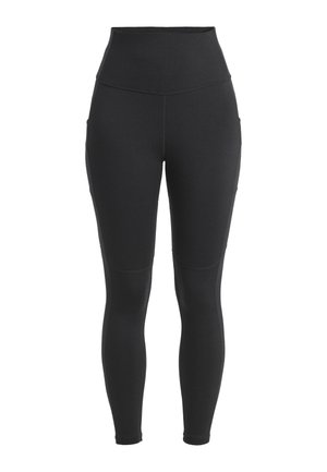 Leggings neri a vita alta realizzati in tessuto elasticizzato, con tasche laterali e una superficie liscia con cuciture rinforzate.