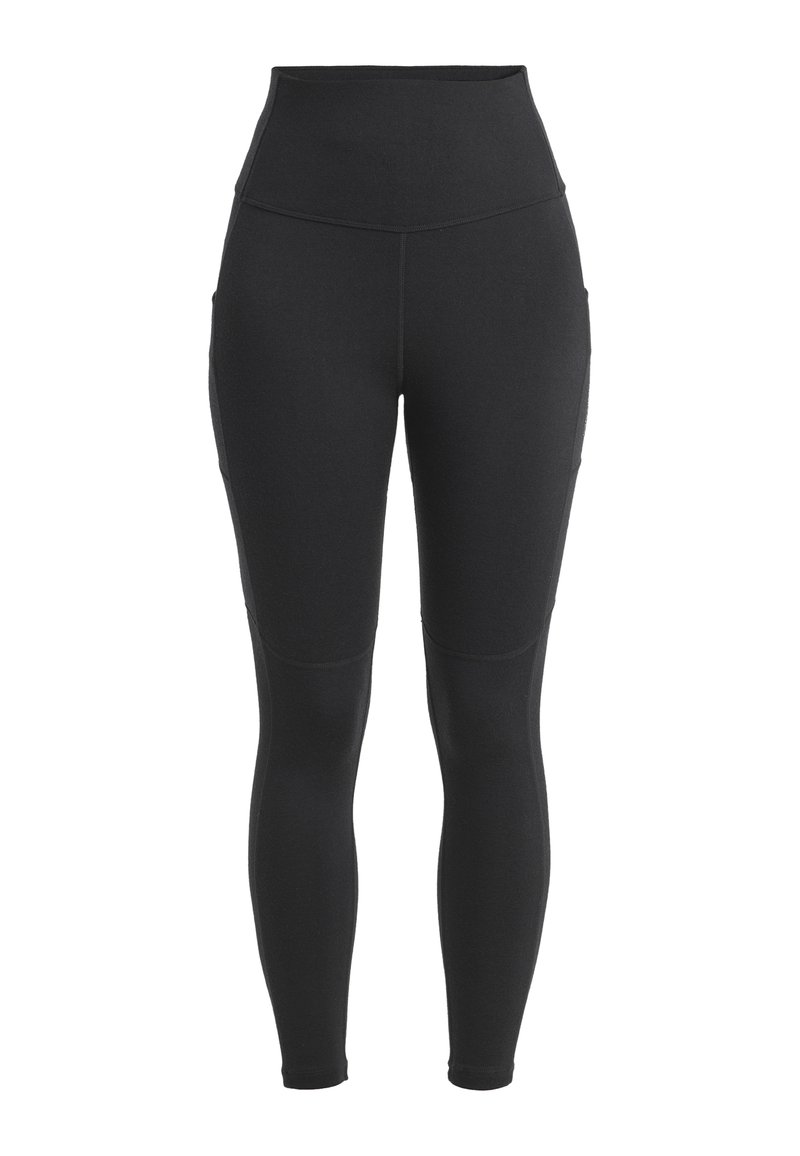 Sorte højhalsede leggings lavet af strækbart stof, med sidelommer og en glat tekstur med forstærkede sømme.