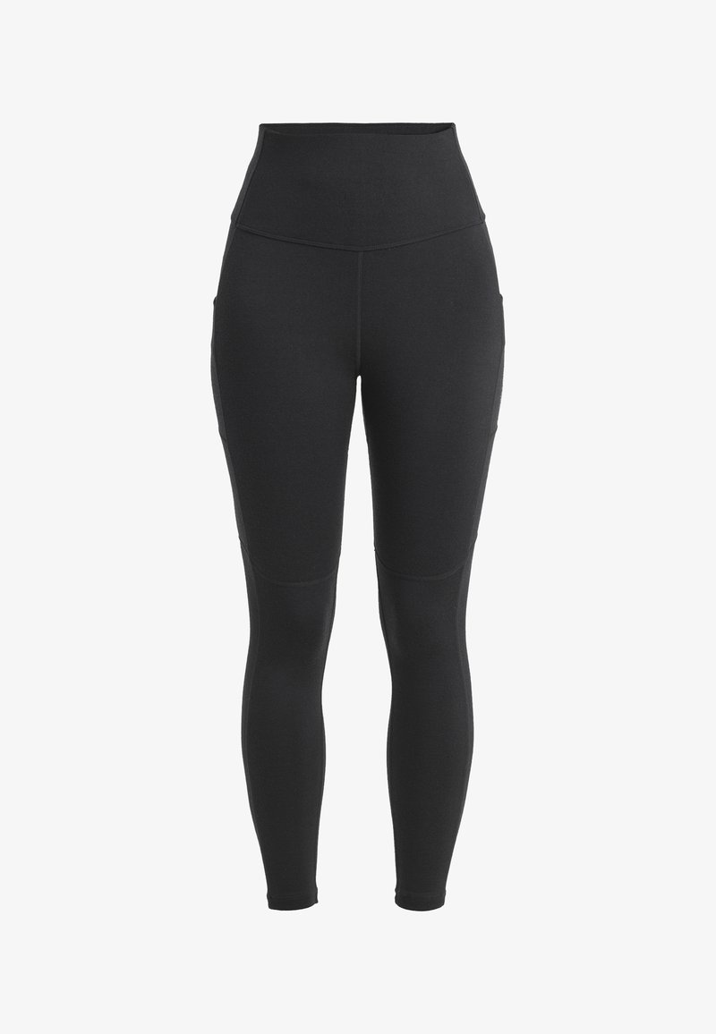 Svarta högmidjade leggings i stretchigt material, med sidofickor och en mjuk yta med förstärkta sömmar.