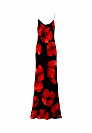 Vestido maxi sin mangas de color negro con un patrón floral de grandes flores rojas. Tejido suave y ligero con una silueta fluida.