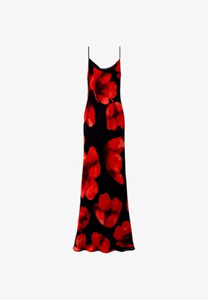 Vestido maxi sin mangas de color negro con un patrón floral de grandes flores rojas. Tejido suave y ligero con una silueta fluida.