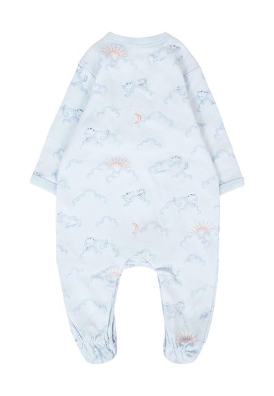 Body infantile azzurro realizzato in tessuto morbido, decorato con un motivo di nuvole e sole in colori pastello. Polsini alle caviglie per una vestibilità aderente.
